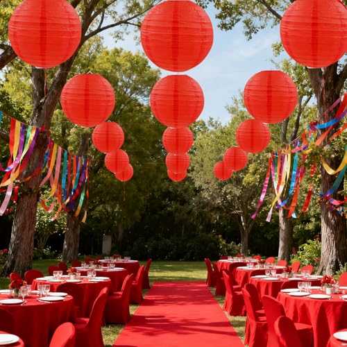 Red Paper Lanterns Set of 12 - Round Hanging Decorations for Weddings & Parties
