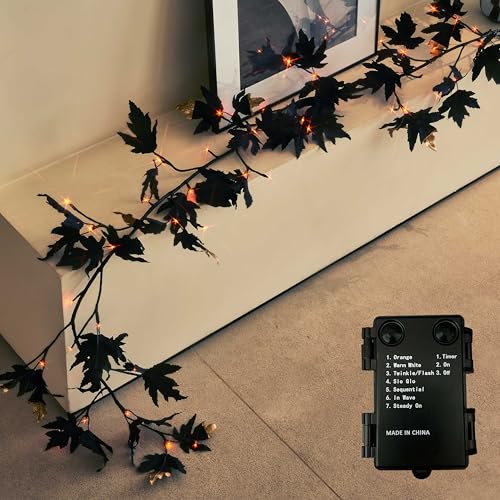 Halloween Black Maple Garland with Lights - 48 LED Orange & Warm White Fairy Lights, Timer, Indoor & Outdoor Decorations - Black Maple Leaves