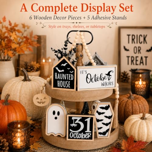 Halloween Tiered Tray Decor Set with Bat Coffin Ghost Witches Sign Bead Garland
