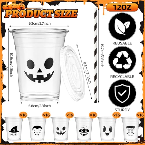 72 Pcs Halloween Plastic Cups with Lids and Straws - 12oz Disposable Party Drinkware - Halloween Design - Variation of THIS listing