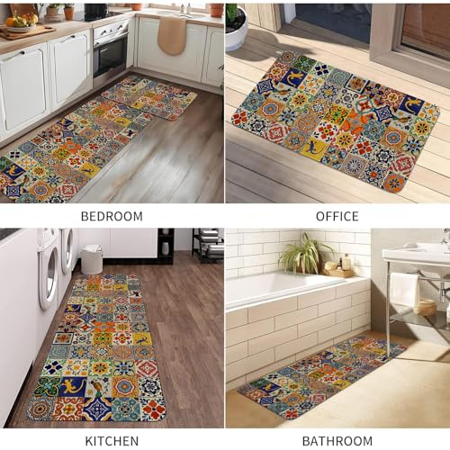 Mexican Talavera Kitchen Rugs Set of 2 Non Slip Washable Floor Mats - Mexican Tile Pattern