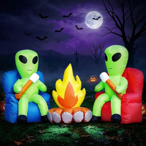 Halloween Inflatable Decor Alien Campfire - Cute Roasting Marshmallows with Built-in LEDs
