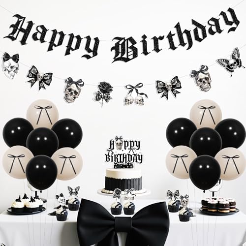 Gothic Birthday Decorations Set with Banner Balloons Cake Toppers Skull Skeleton