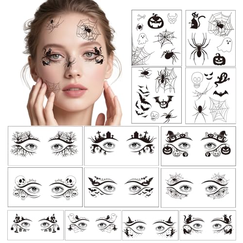 Halloween Eye Tattoos Set with Skull Spider Web Bats Face Stickers for Adults & Kids