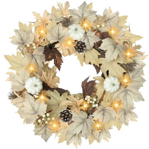 Beige Fall Wreath with Lights - 22-inch Autumn Door Decor with Pumpkins, Berries & Pine Cones