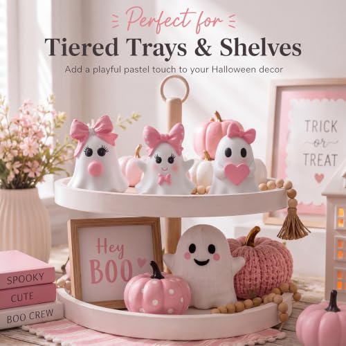Pink Halloween Ghost Figurines Set - Bow Style, Resin, 3 Pieces