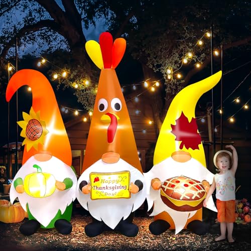 Thanksgiving Inflatable Gnome with LED Lights - Fall Yard Decoration, 7FT - Thanksgiving Day Outdoor Decor - Variation of Thanksgiving Three Gnome