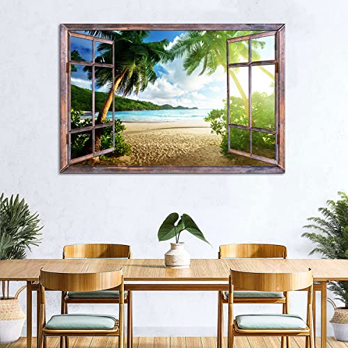 Large Tropical Beach Canvas Wall Art - Ocean Sunset Palm Trees, 48 x 32 Inches, Coastal Seascape Decor