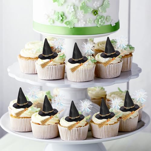 Magic Witch Cupcake Toppers Set with Broom & Hat - Design 6, 15 Pack Halloween Party Decorations