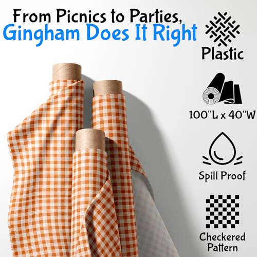 Orange Gingham Plastic Tablecloth Roll 40 x 100 ft for Parties & Events
