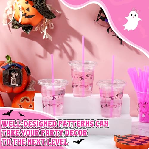 Halloween Plastic Cups with Straws and Lids - Pink Novel Style - 50 Pack 12oz
