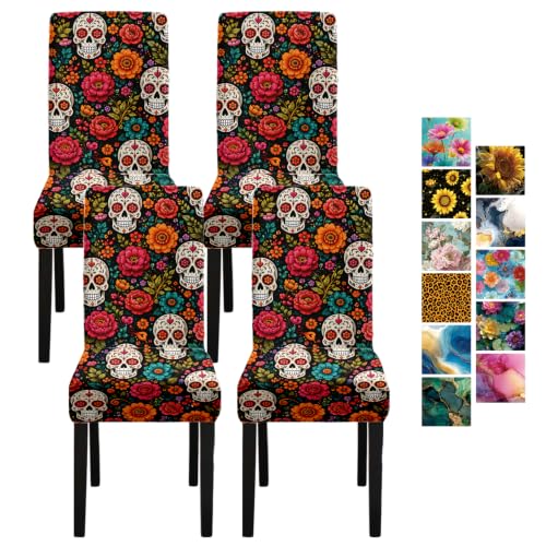 Halloween Chair Covers Set of 4 - Sugar Skull Floral Print Dining Slipcovers - Day of the Dead Decor - Variation 4 / 93