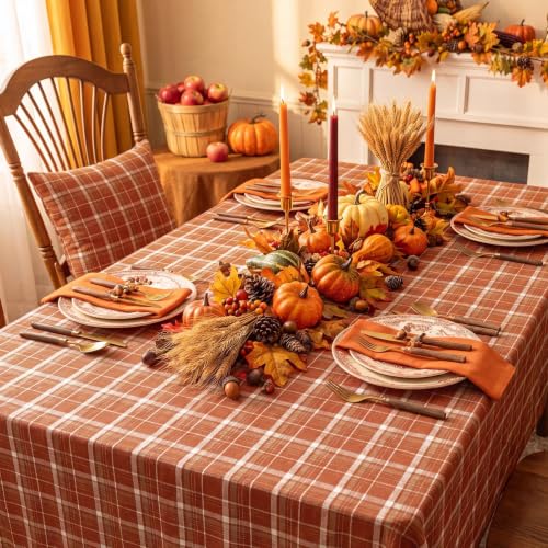 Orange Checkered Fall Tablecloth - 54 x 96 Inch Rectangular Thanksgiving Decor