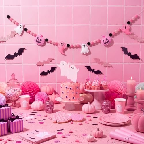 Pink Ghost Halloween Felt Banner - Halloween Party Decoration, Pre-Strung, 9.84 ft