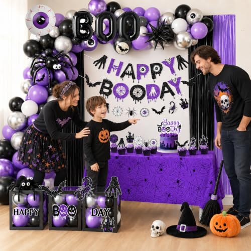 Black and Purple Halloween Birthday Decorations Set with Banner, Balloons, Web, and Balloon Arch