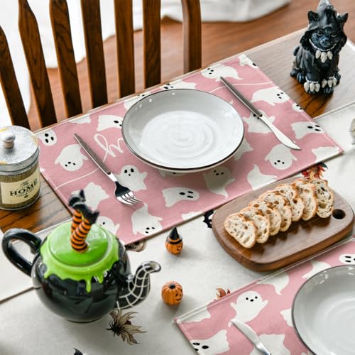 Pink Ghost Halloween Placemats Set of 4 - 12 x 18 Inch Rectangular, Spun Polyester