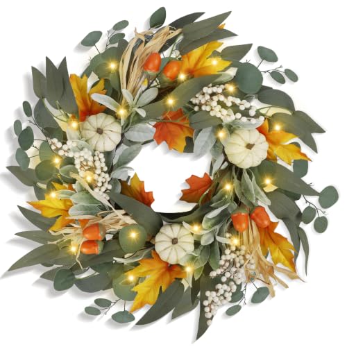Lighted Fall Wreath for Front Door with White Pumpkins and Timer - 20 Inch