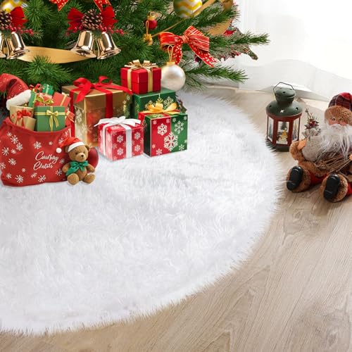 48 Inch White Faux Fur Christmas Tree Skirt for 7.5-9 Ft Trees - Holiday Decor