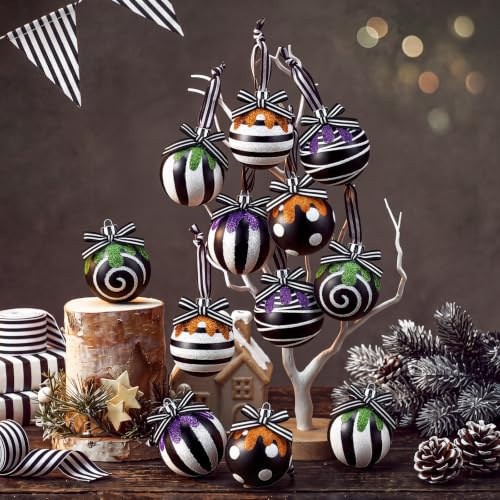 Halloween Black & White Christmas Ball Ornaments Set - 24 Pcs, 2.36 Inch, Spooky Style