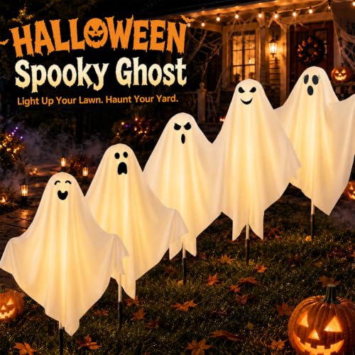 Solar Ghost Yard Decorations 5-Pack Outdoor Halloween Lights with 8 Modes