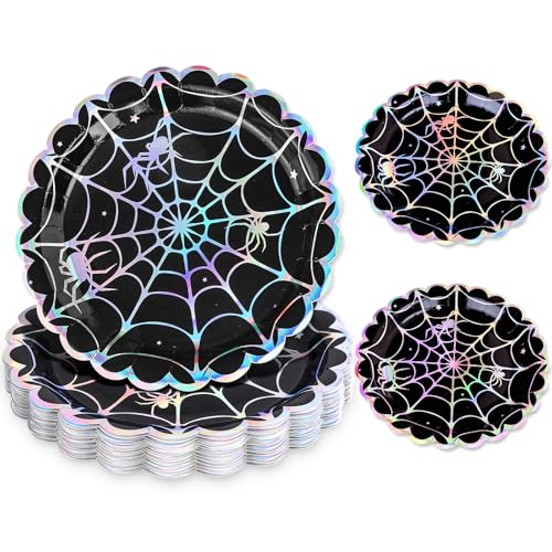 Halloween Spider Web Dinner Plates - 50 Pack Iridescent 9 Inch Disposable Party Tableware - Black Silver Laser Effect - Spider Web Variation