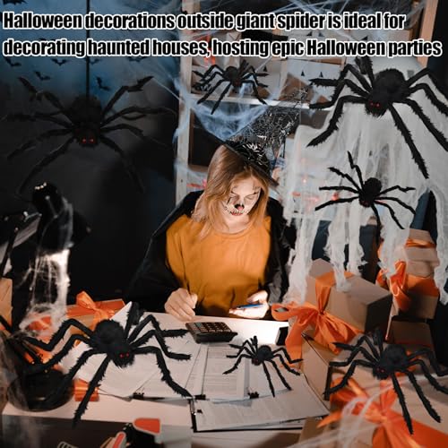 Giant Halloween Spider Decorations Set - 10 Black Plush Spiders with Red Eyes for Outdoor & Indoor Haunted Decor