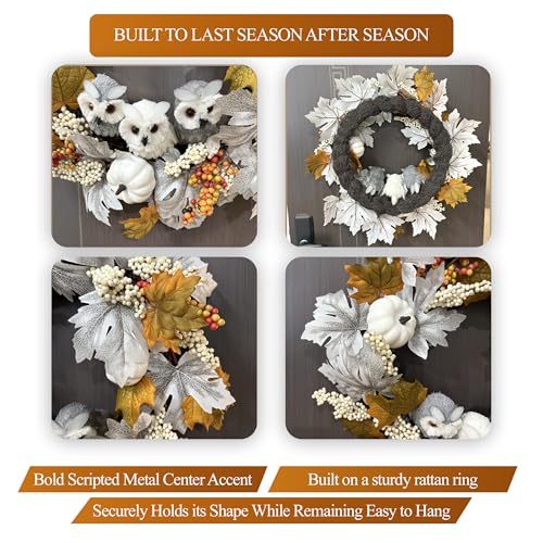 21-Inch Fall Owl Wreath with Pumpkins & Maple Leaves for Front Door Halloween Thanksgiving