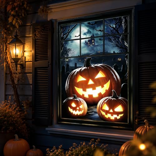 Halloween Window Cover Decor Bunny Chorus Spooky Pumpkin Graveyard Scene - 32x48 Inches