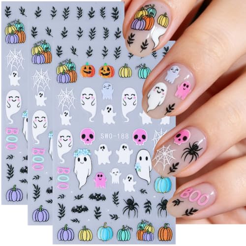Halloween Nail Stickers - Cute Ghost Spider Pumpkin Bat Skull 3D Decals for DIY Manicure