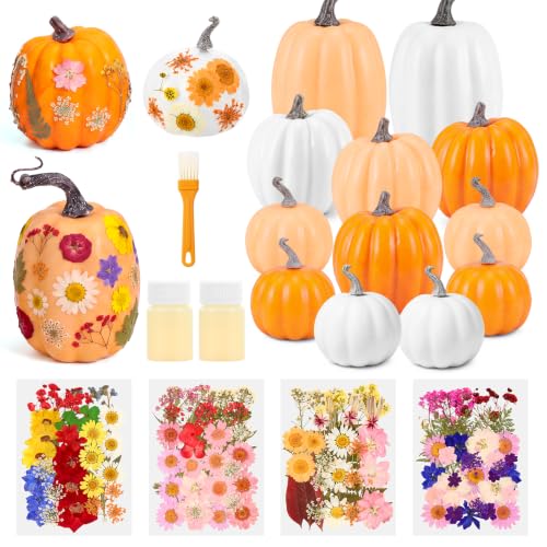 White Orange Foam Pumpkin DIY Kit with Dried Flowers - 12 Pumpkins & Accessories