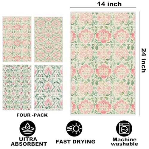 Watercolor Floral Kitchen Towels Set - Pink & Green Dish Cloths, Multi 1413, 4 Pack