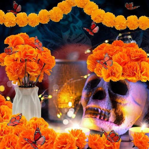 Day of the Dead Decorations Set with Marigold Garlands and Butterfly Accents - 66pcs Dia De Los Muertos Altar Decor
