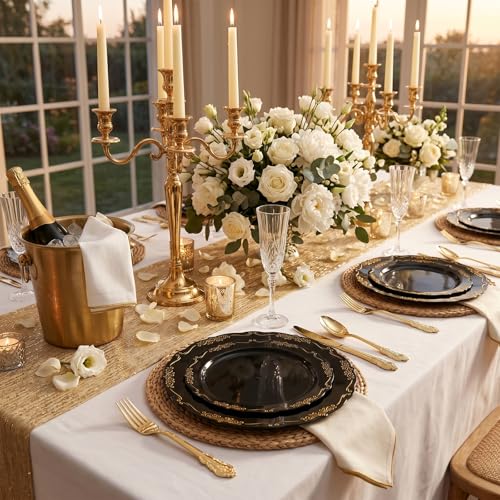 Black and Gold Plastic Dinnerware Set - 150 Pieces for Parties & Events