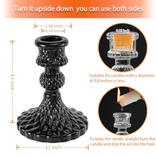 Black Glass Candlestick Holders Set of 6 - Taper Candle Holders with Elegant Design - Black Diamond Variation
