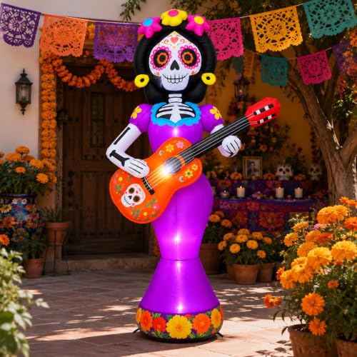 Halloween Inflatable Sugar Skull with Guitar - 6 FT Day of the Dead Decor with LED Lights, Yard & Lawn Decorations - Variation: Guitar Sugar Skull