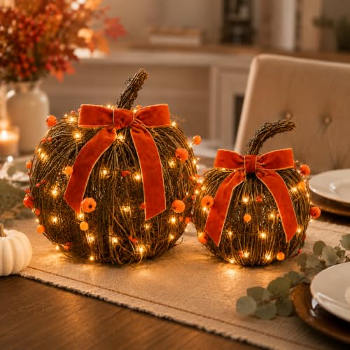 Lighted Fall Pumpkin Decor Set - Rattan Pumpkins with Velvet Bows, 2 Pack