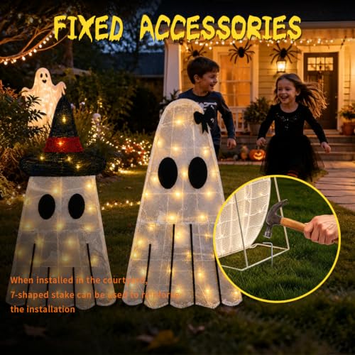 Halloween Ghost Decor Light-up Outdoor Ghost with Black Hat - 2 Pack