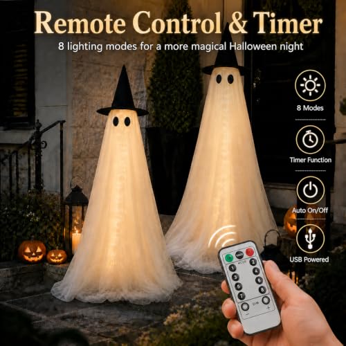 2 Pack 5Ft Large Light Up Ghost Decorations - Outdoor Halloween Yard, Porch & Garden