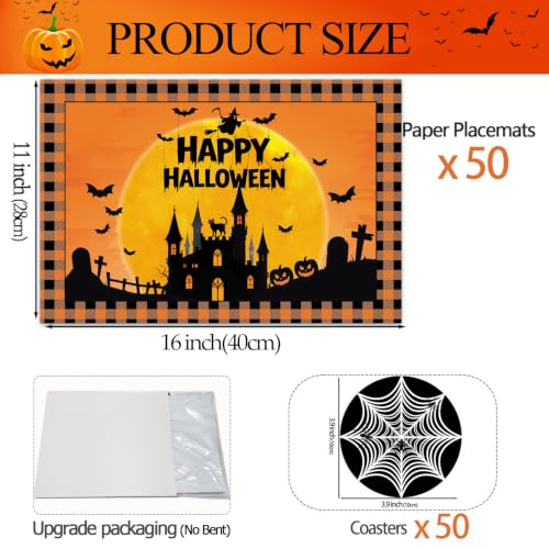 Happy Halloween Paper Placemats & Coasters Set - Ghost Bat Pumpkin Disposable Table Decor