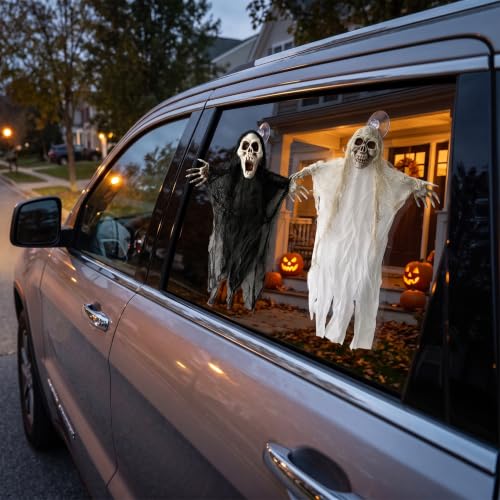 Halloween Hanging Ghost Decorations - 2 Pack, 17.7 Inch Skeleton Ghosts with Tattered Gauze & Bendable Arms for Yard Porch Haunted House