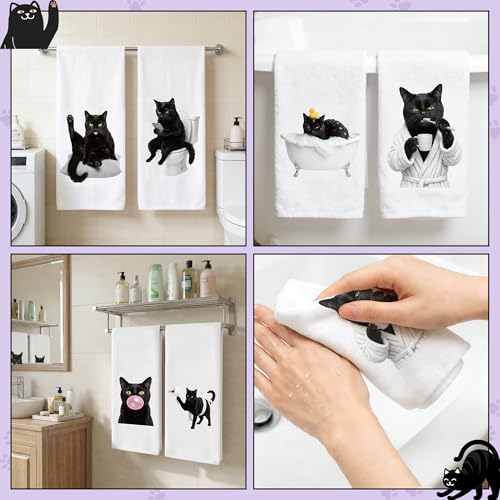 Black Cat Hand Towels 6 Pack - Decorative Polyester Bathroom Cloth Set - Variation: Black Cat