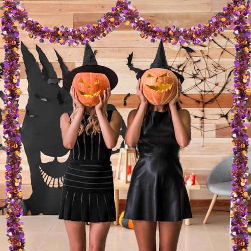 Halloween Tinsel Garland 20FT Black Purple Orange Metallic Decor for Parties