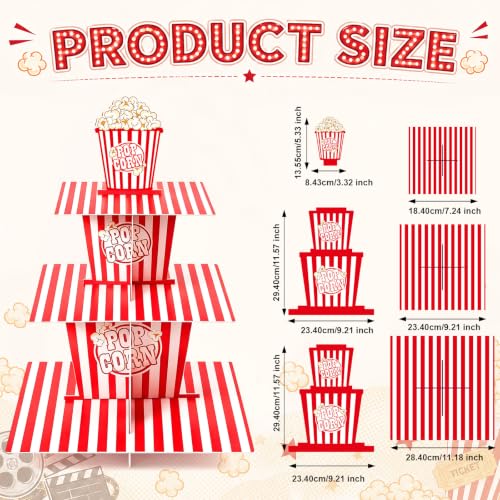 3-Tier Popcorn Cupcake Stand for Movie Night & Party Decorations - Red & White