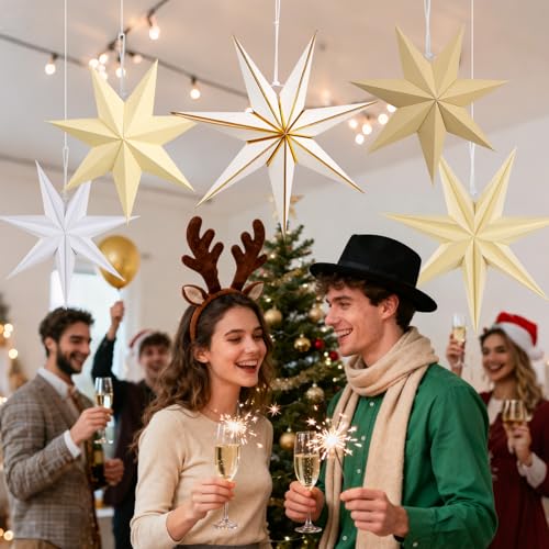 Paper Jazz 5 Pack Brown & White Paper Star Lanterns Christmas Hanging Decorations