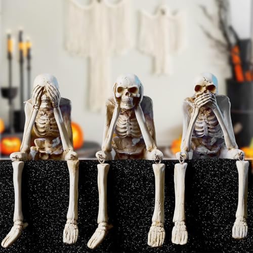 Halloween Mantel Decor See No Speak Hear No Evil Skeletons Resin Statues - Spooky Wall Art