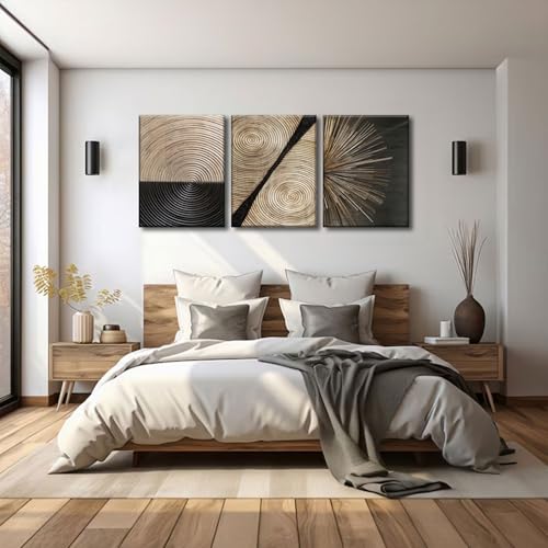 3Pcs Abstract Canvas Wall Art Set - Wood Grain, Black and Gold Lines, 12x16in - Modern Home Decor