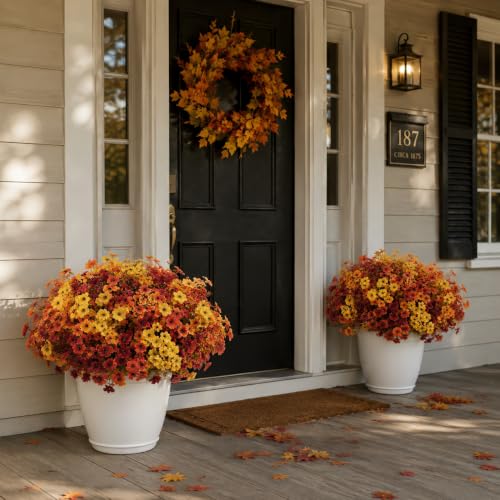 Artificial Fall Flowers Set - 12 Lifelike Daisies & Eucalyptus for Outdoor Porch Decor - Orange Brown Yellow Variation