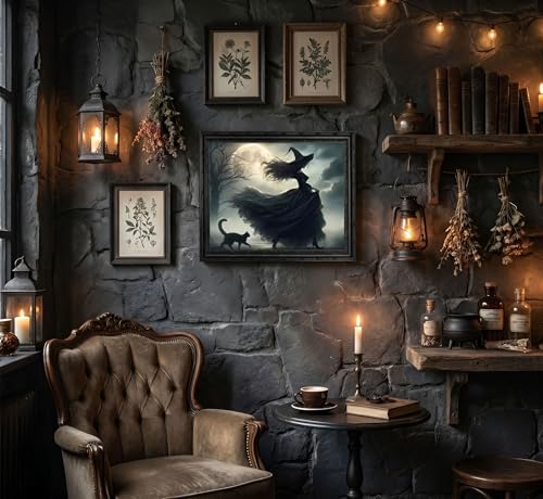 Halloween Witch Canvas Wall Art - Black Framed 12x16in with Black Cat & Moon - Variation: Witch Black Cat 16"L x 12"W