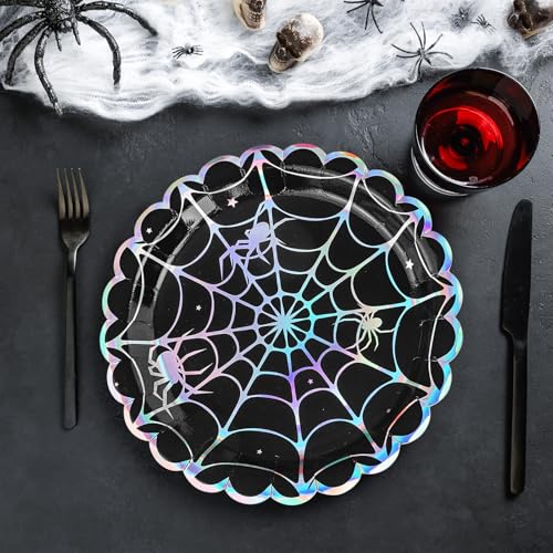 Halloween Spider Web Dinner Plates - 50 Pack Iridescent 9 Inch Disposable Party Tableware - Black Silver Laser Effect - Spider Web Variation