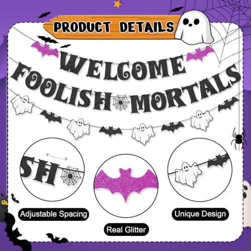 Halloween Party Banner - Welcome Foolish Mortals Variation Banner with Ghosts & Bats